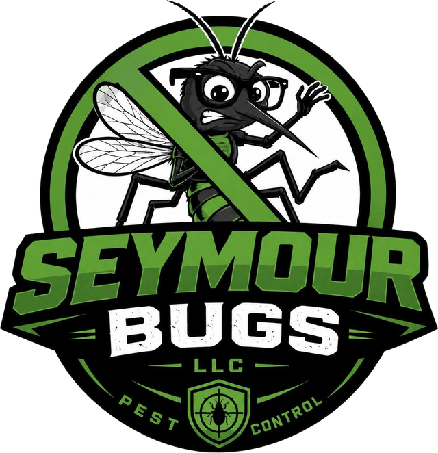 Seymour Bugs mascot: a grumpy mosquito with glasses inside a green no-bugs badge